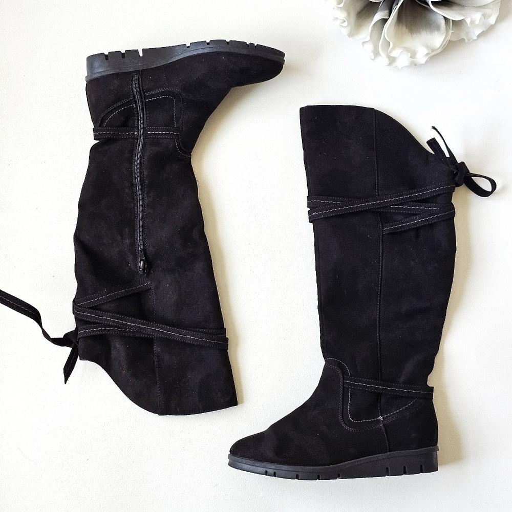 Y2K Basic Editions Rikki Knee High Boots Black Microsuede Zip Womens 7W